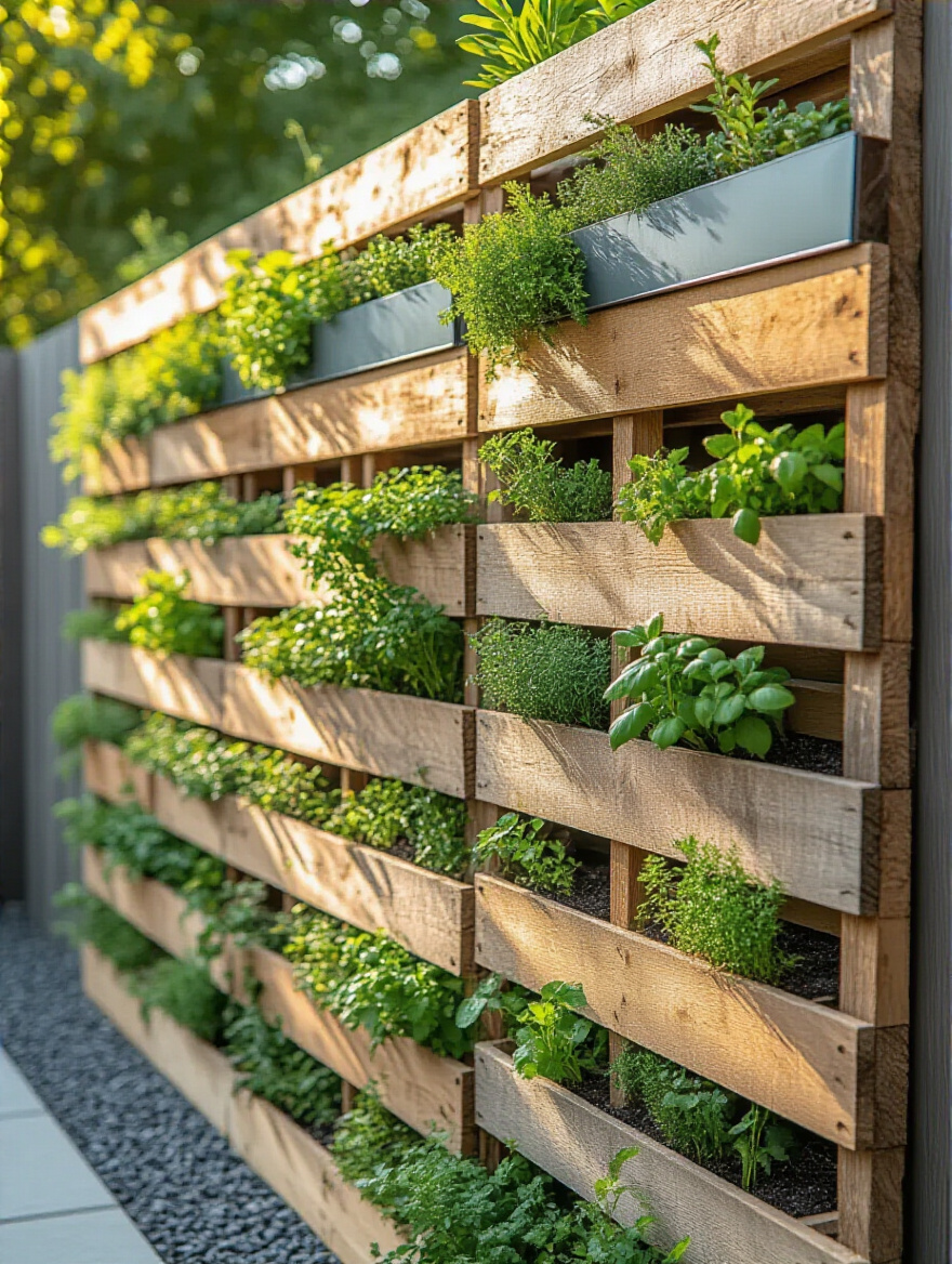 Portrait view of a vertical garden wall built from reclaimed pallets and gutters