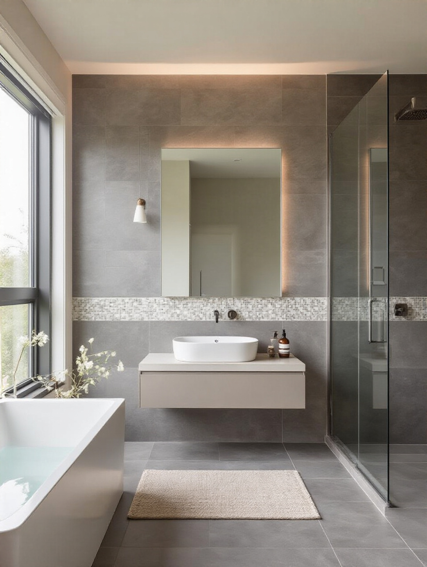 Cohesive bathroom tile palette with harmonized colors and finishes