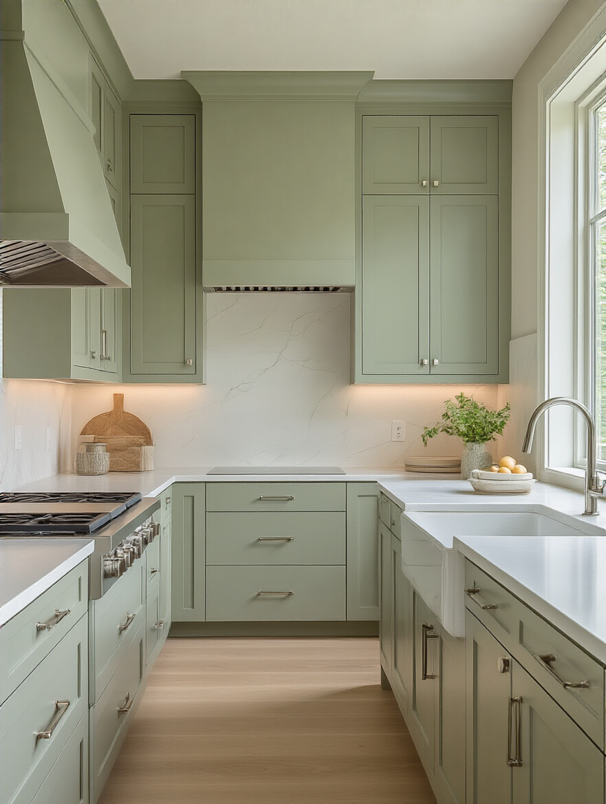 Modern kitchen with a harmonious sage green and white quartz color palette, neutral greige walls, and brushed nickel hardware, showcasing cohesive style.