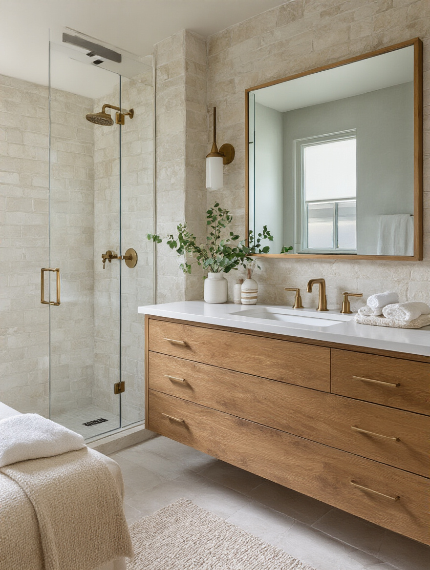 Vertical bathroom vignette showing cohesive color palette and varied textures
