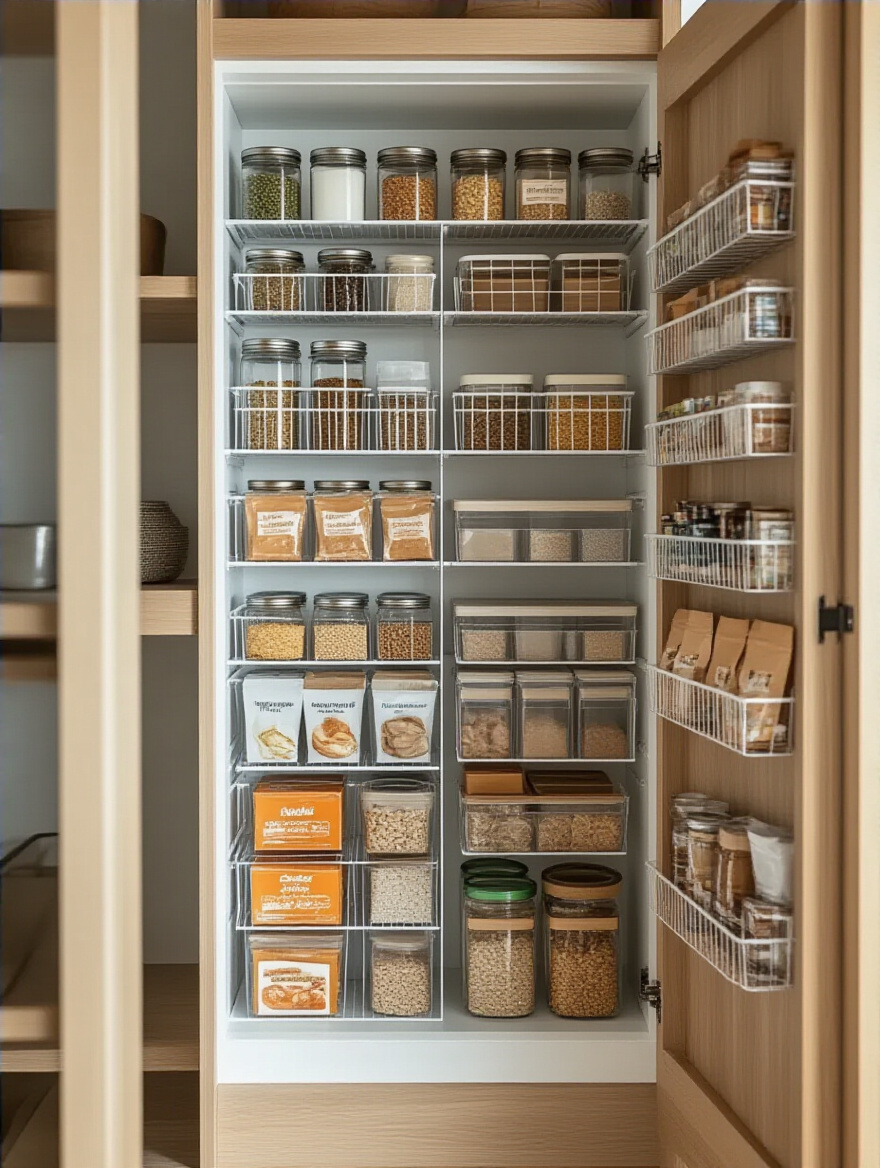 A well-organized pantry door featuring multiple tiers of clear and mesh pockets holding various small kitchen items like spices, snack bags, and foil wraps, showcasing efficient pantry door storage.