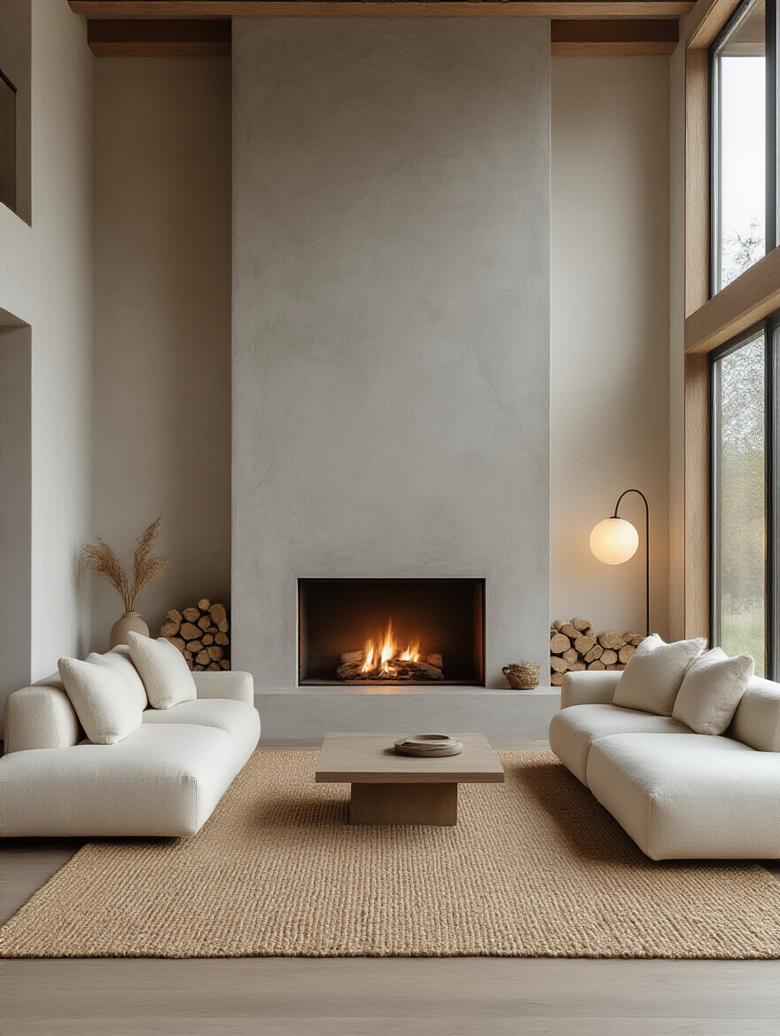 A serene living room with a modern concrete fireplace as a clear focal point, surrounded by a cream minimalist sofa, representing design decisions guided by focal points.