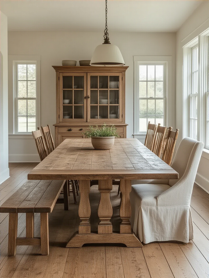 A charming farmhouse dining room featuring a robust wooden dining table, a mix of seating including a bench and slipcovered chairs, and a storage hutch, all designed for a comfortable family lifestyle.
