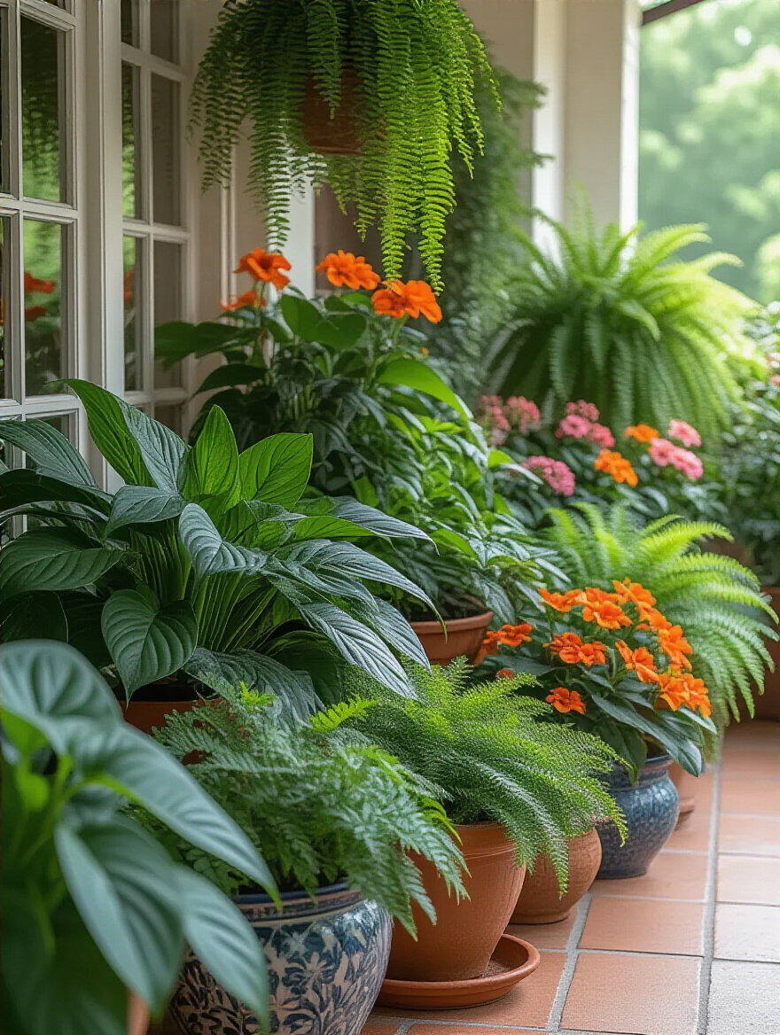Lush, green shade-loving plants like hostas, ferns, and impatiens thriving in decorative pots on a covered patio, illuminated by soft, indirect natural light.