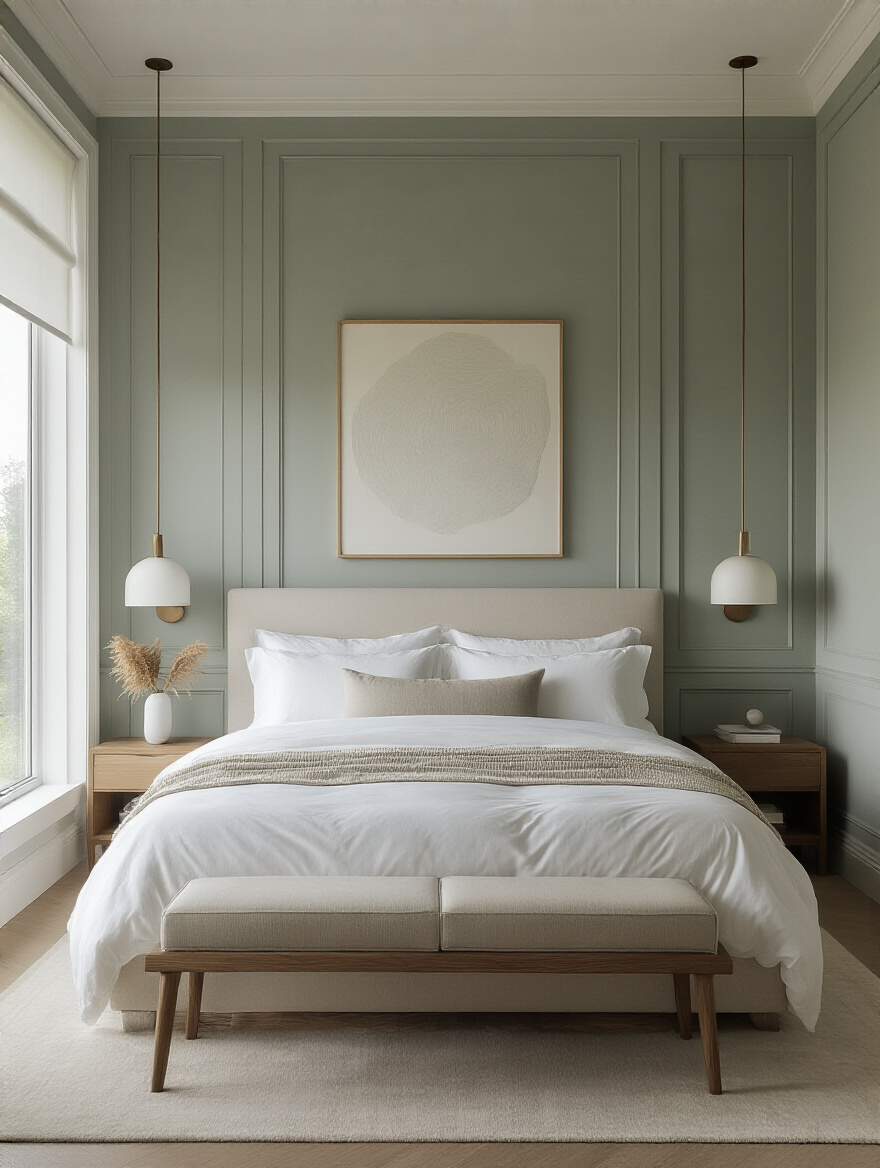 A beautifully staged bedroom with a large bed against a prominent wall, acting as the main focal point, contributing to visual harmony.