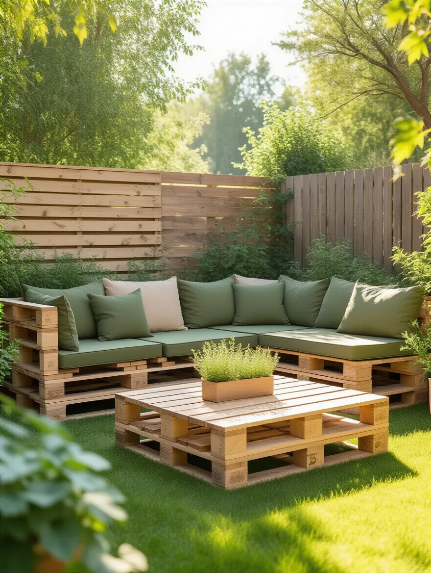 Portrait view of DIY pallet outdoor seating with cushions in a sunny backyard