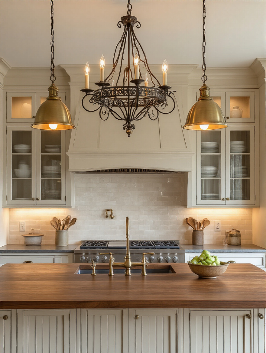 Portrait view of a traditional kitchen with layered lighting fixtures highlighting warm wood tones and brass accents