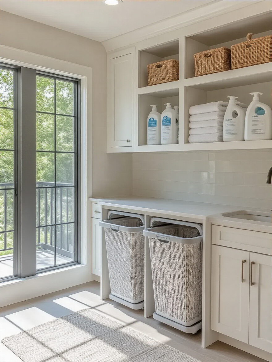 Portrait view of a modern laundry room with integrated built-in hamper and sorting system.
