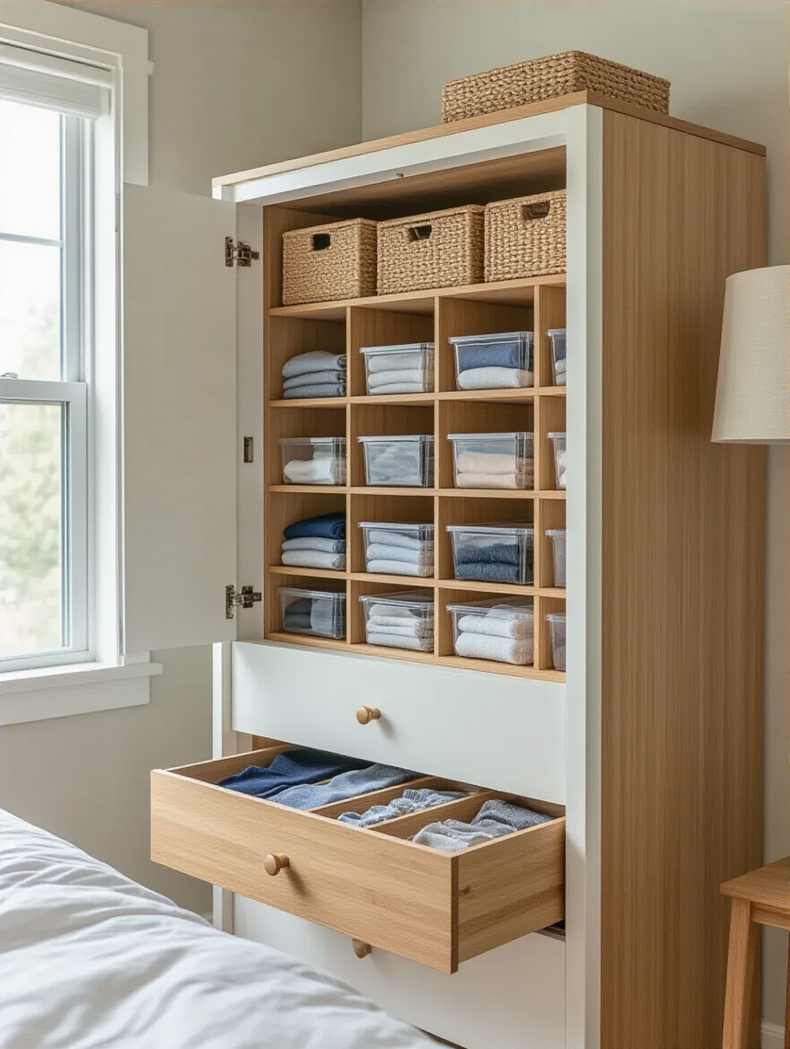 Open dresser drawer with neatly organized bamboo dividers and clear bins in a tidy bedroom
