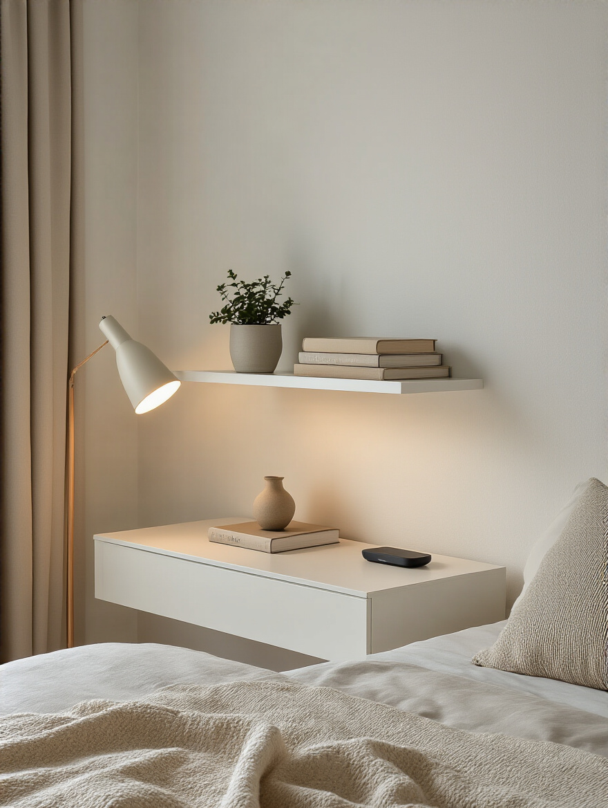 Modern bedroom with floating shelves above bedside table
