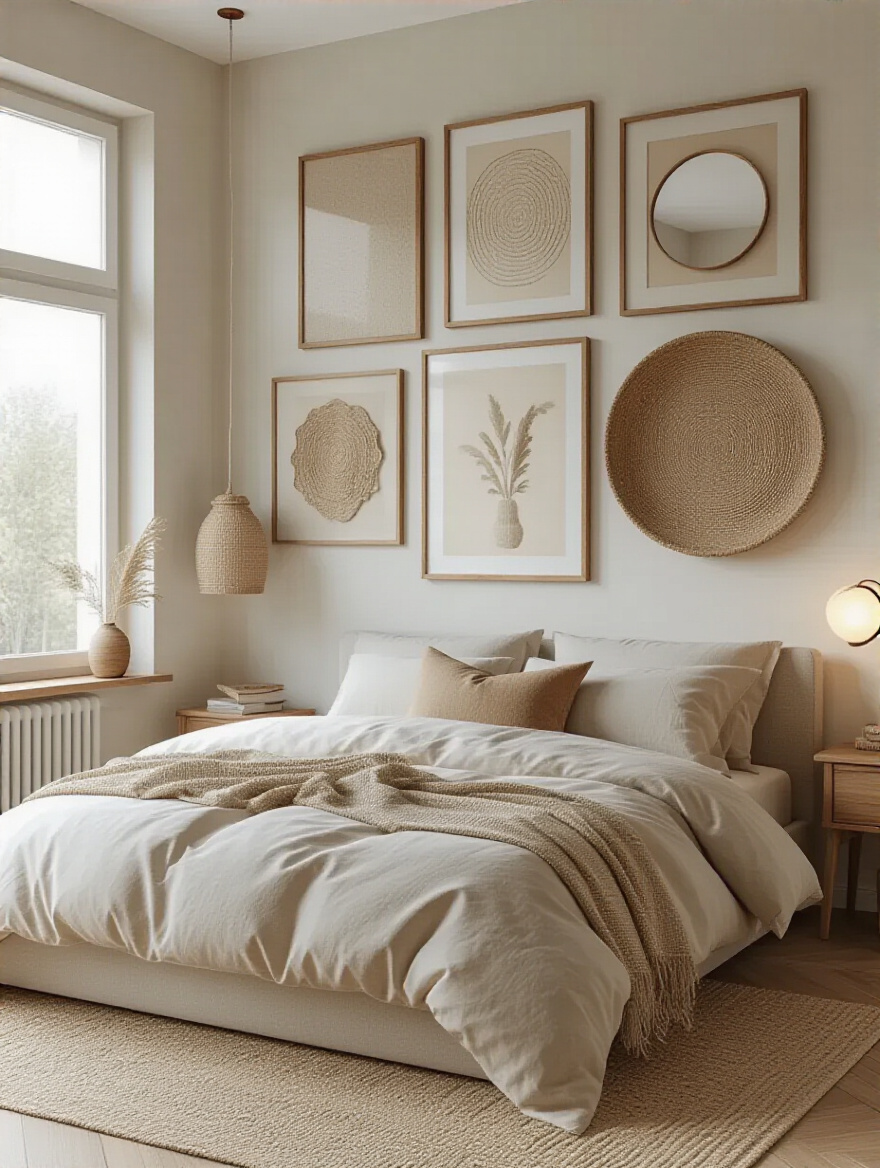 Vertical bedroom with a gallery wall above the bed featuring mixed frames.