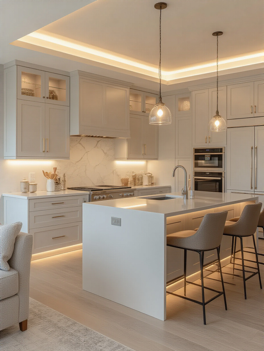 Luxury kitchen with ambient, task, and accent lighting layers highlighting work zones and display cabinetry.