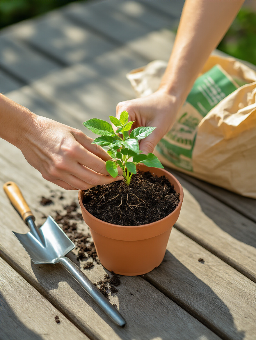 Hands gently repotting a vibrant patio plant into a terracotta pot with fresh, well-draining soil, demonstrating proper potting techniques for robust plant establishment.