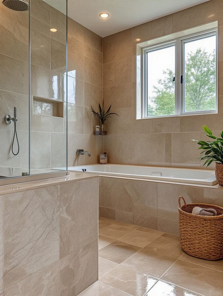 Portrait view of a modern bathroom highlighting sealed tile and grout for durability.