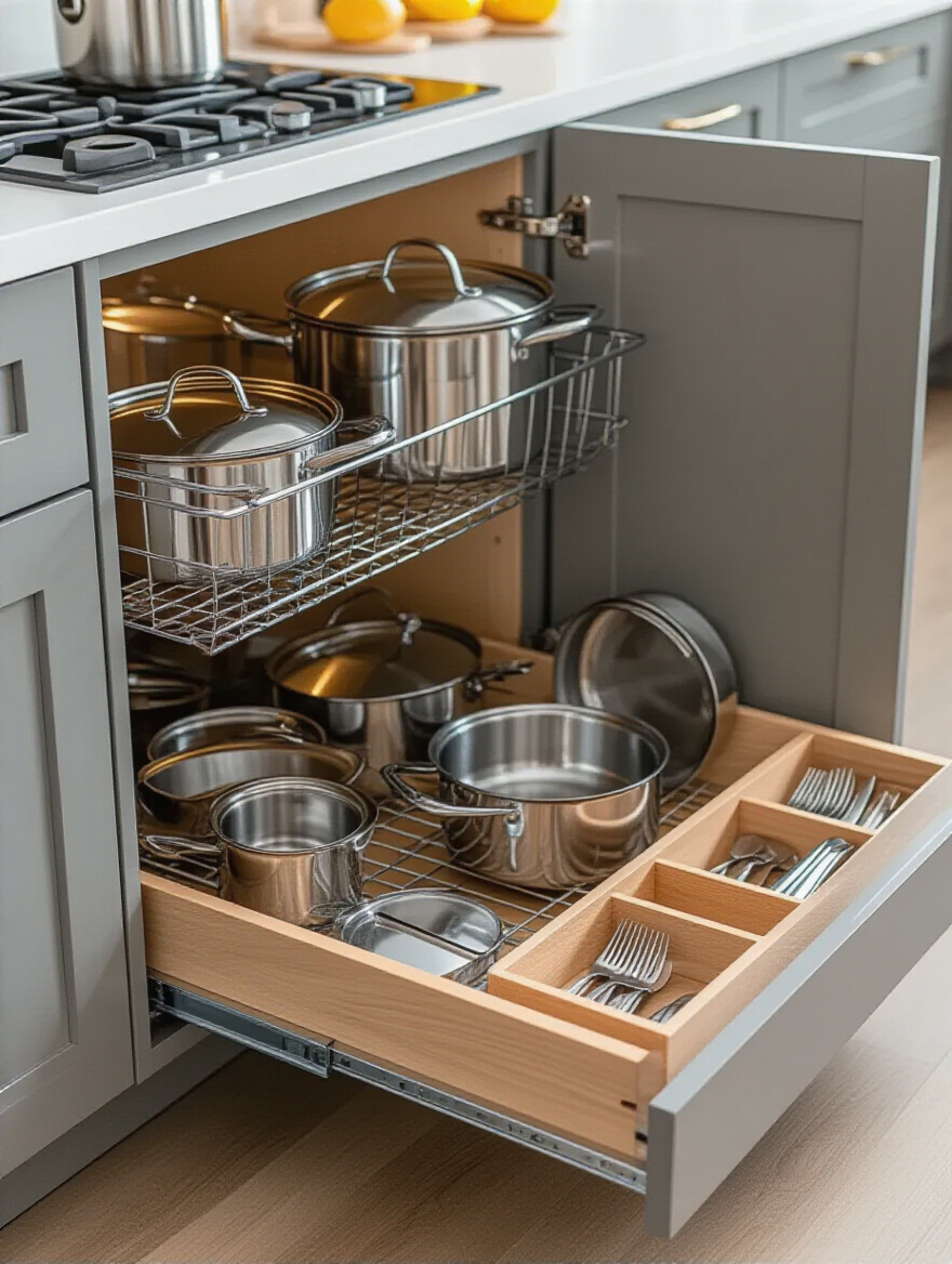 Modern kitchen base cabinet with custom pull-out shelving, showcasing neatly organized pots, pans, and a separate drawer organizer for cutlery. This image features a functional, clutter-free storage solution.