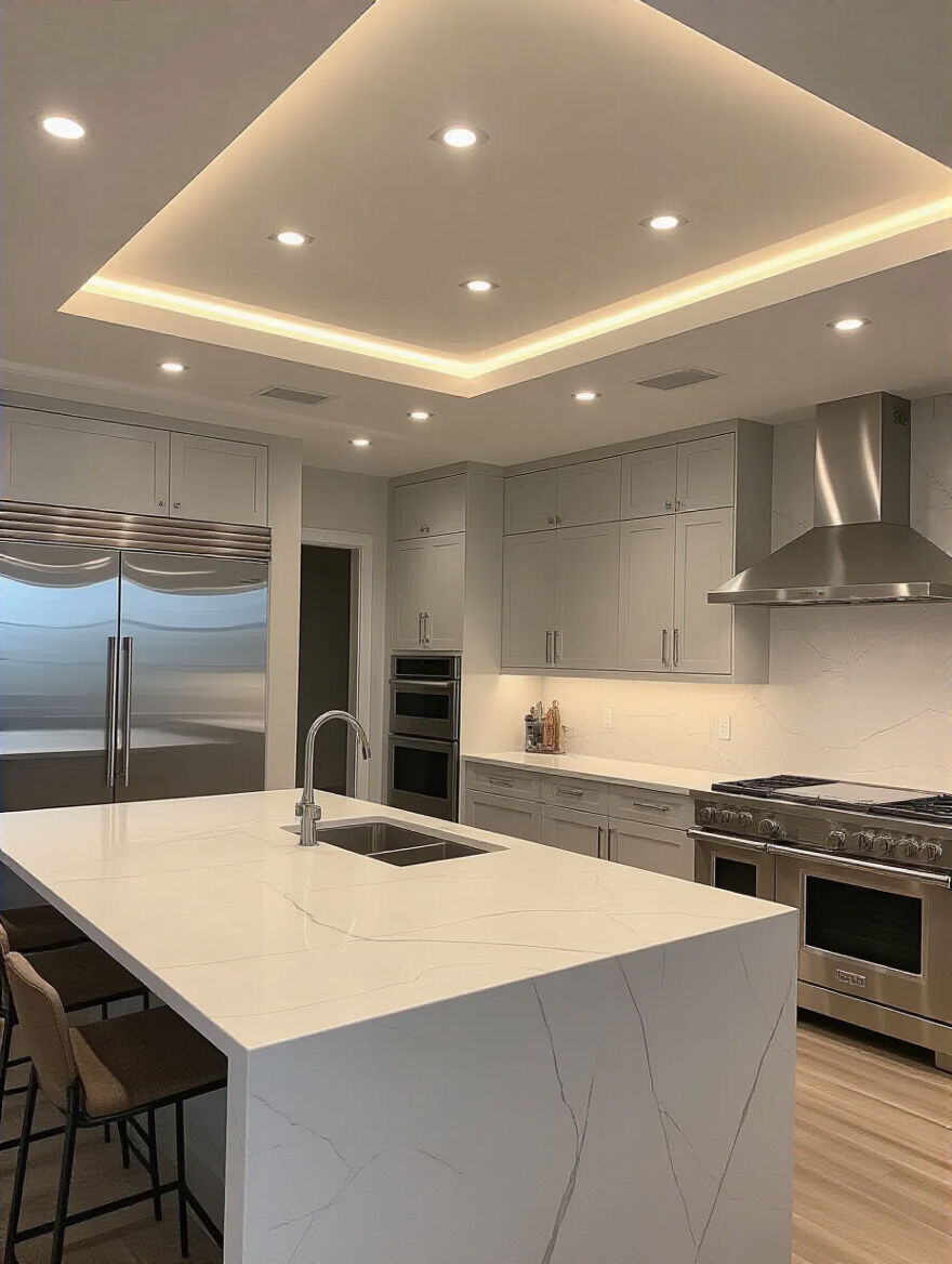 Modern kitchen with flush recessed lighting delivering even ambient illumination.