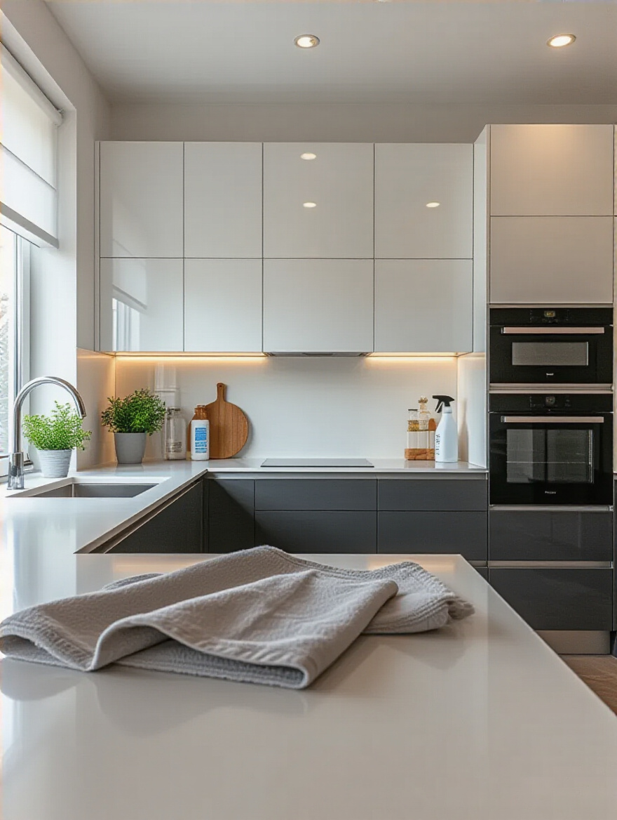 Modern kitchen cabinets with high-gloss and matte finishes being cleaned.