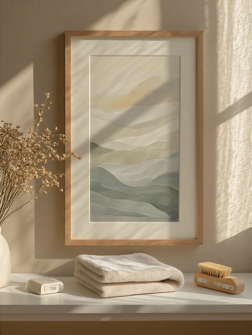 Portrait of a bedroom wall art care setup with framed artwork under glass and care tools