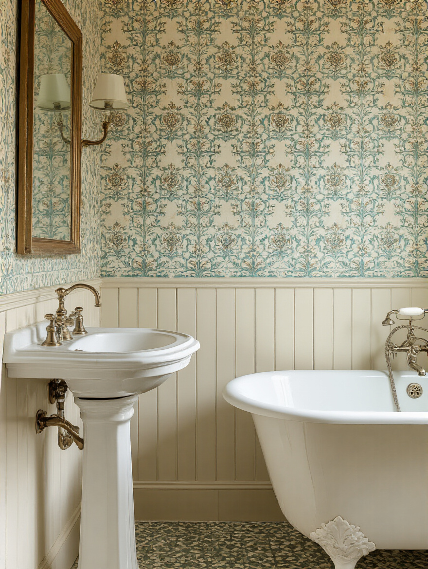 Portrait view of a vintage bathroom wallpaper scene with vibrant pattern and delicate texture.