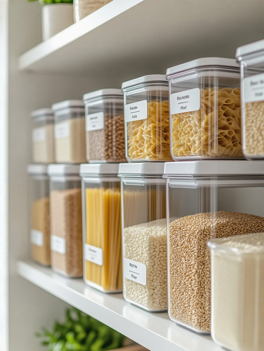 Neatly labeled clear glass containers of pantry staples like pasta and rice on a shelf, demonstrating smart pantry labeling.