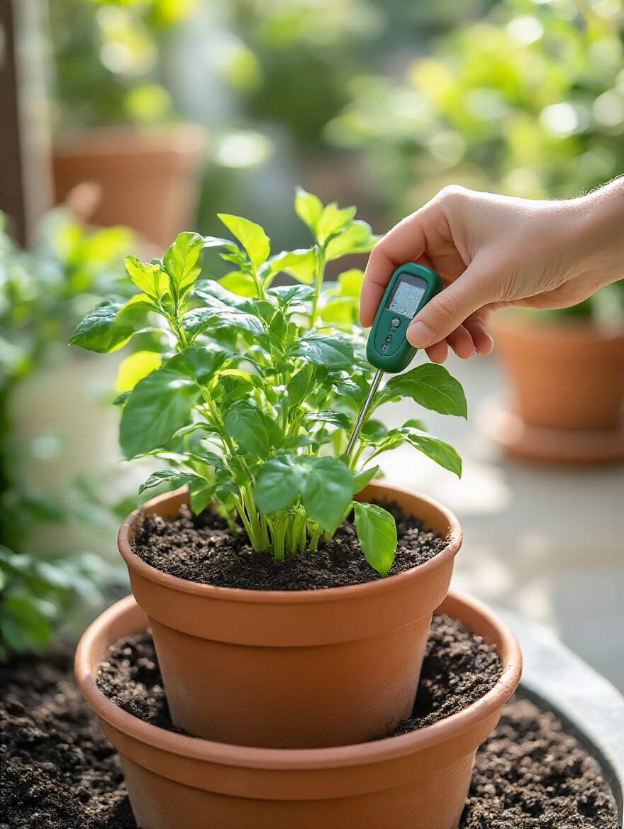 A digital soil moisture meter being used in a healthy potted patio plant to demonstrate smart watering practices.