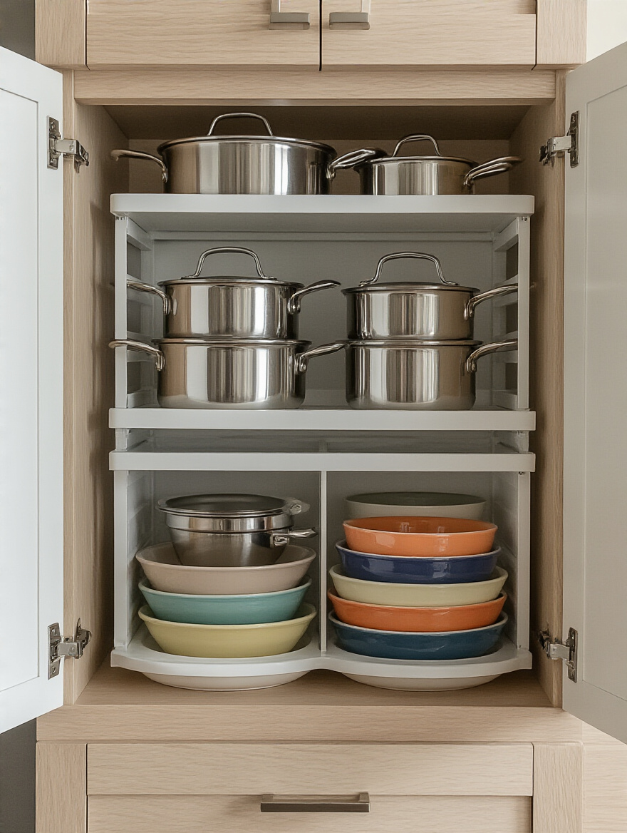 Image showing stackable and nesting cookware and mixing bowls neatly stored in a small kitchen cabinet, demonstrating efficient small kitchen storage solutions.