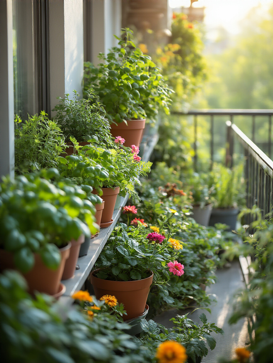 Portrait of balcony plants thriving with a consistent fertilization schedule in a sunlit balcony garden