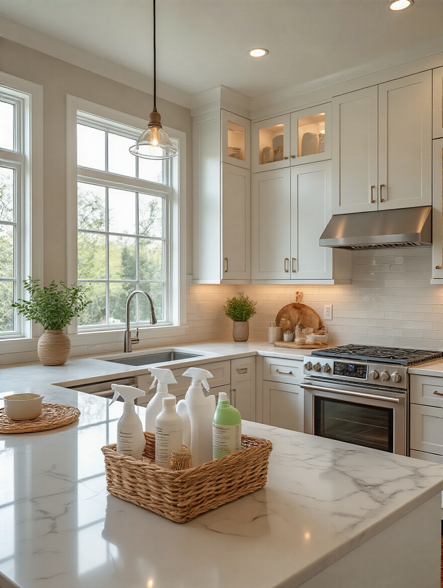 Pristine post-renovation kitchen with care kit on clean counter