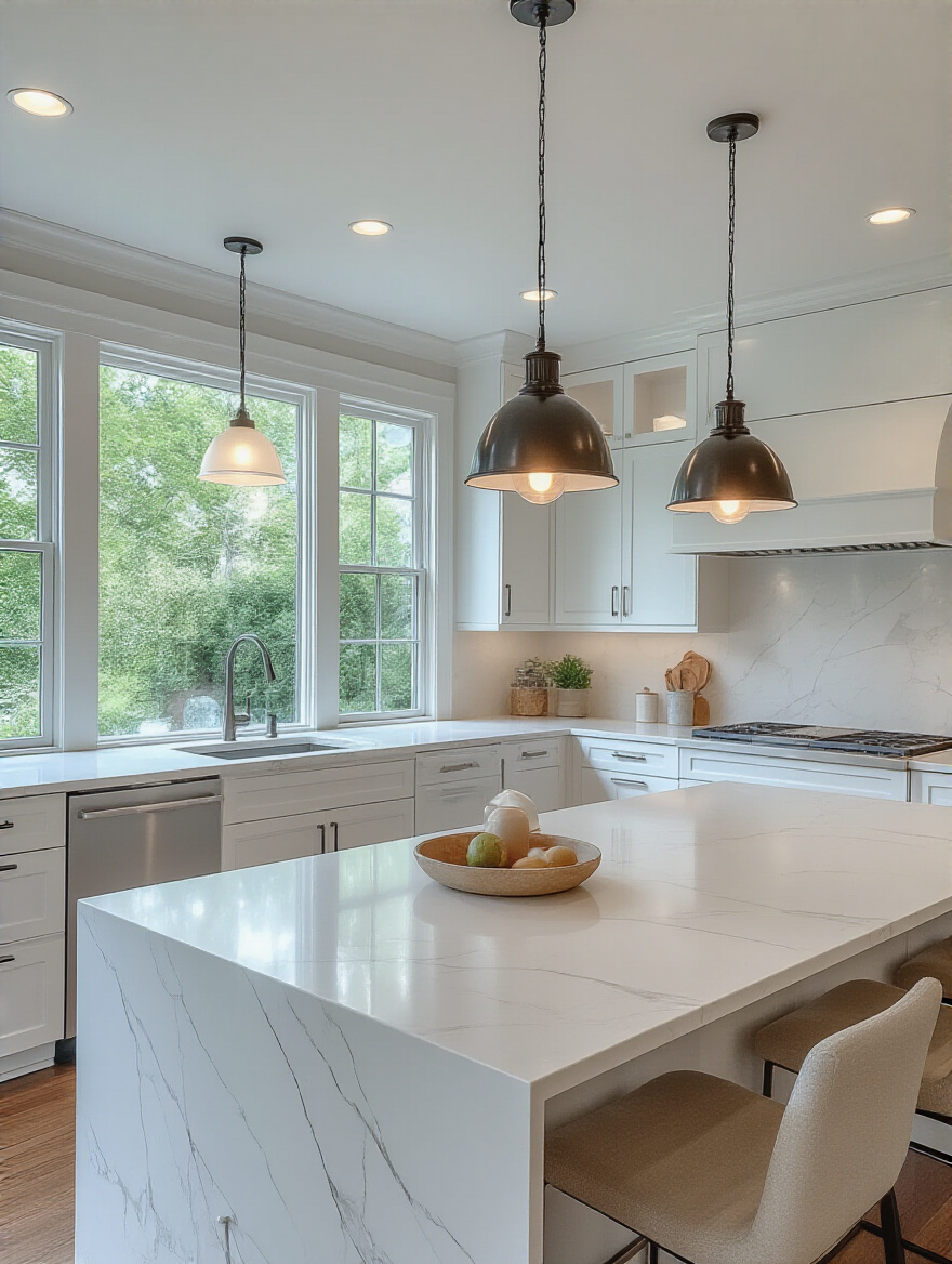 Vertical portrait shot of a modern, bright kitchen with gleaming light fixtures over a clean island