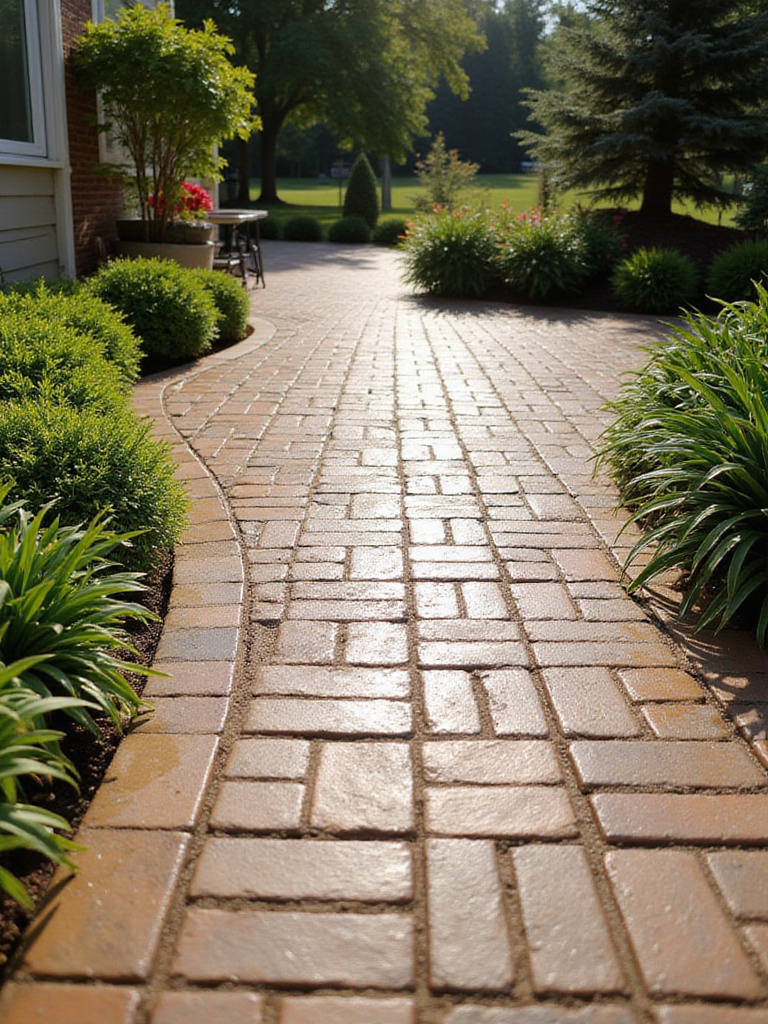 Close-up of a meticulously maintained paver patio, showcasing clean surfaces and tightly filled joints, surrounded by vibrant green foliage, emphasizing the benefits of consistent hardscaping maintenance.