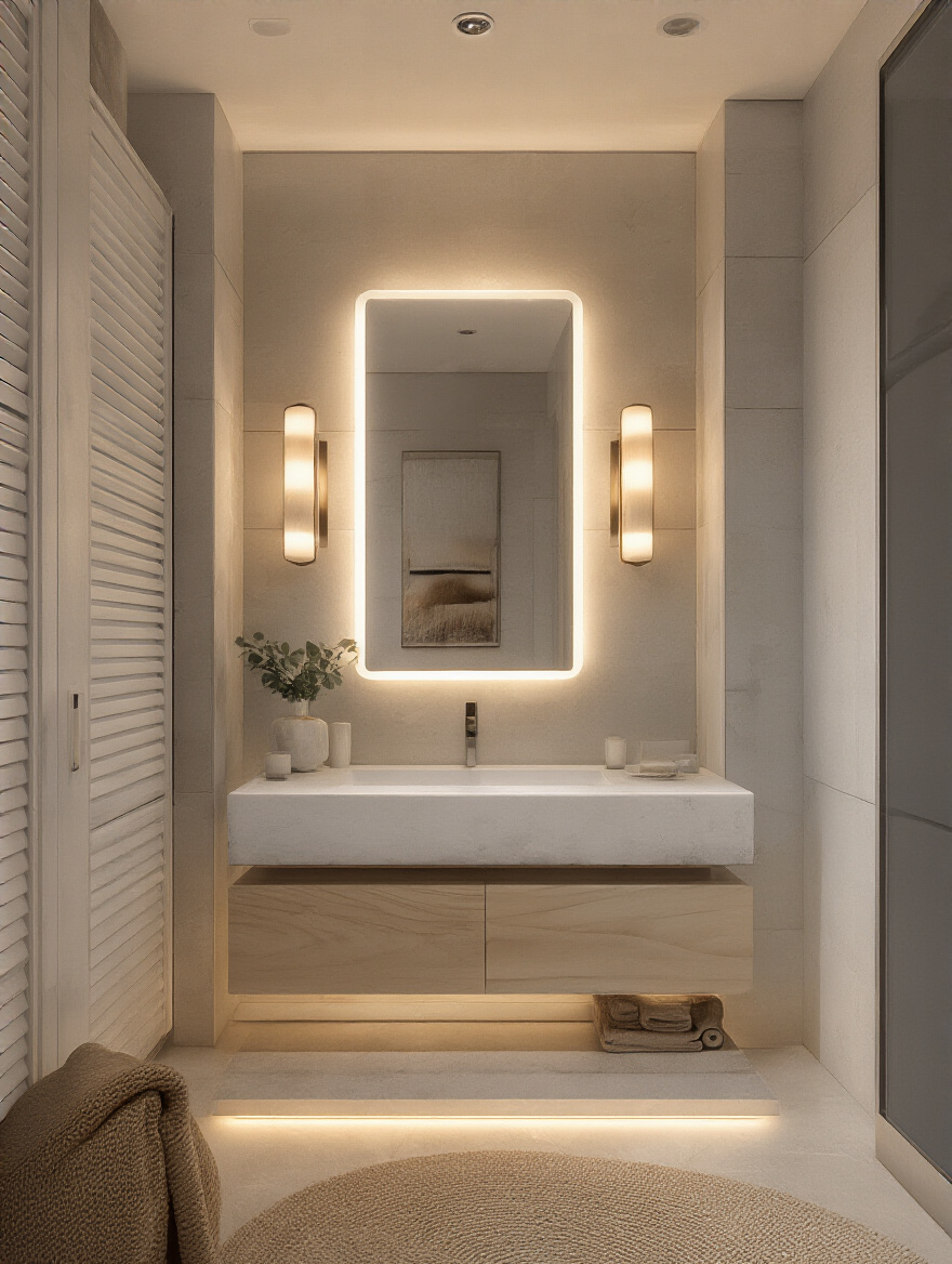 Portrait of a modern bathroom with layered lighting and vanity lighting