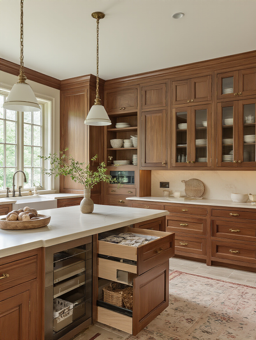 Portrait of a traditional kitchen with integrated smart storage behind cabinet panels