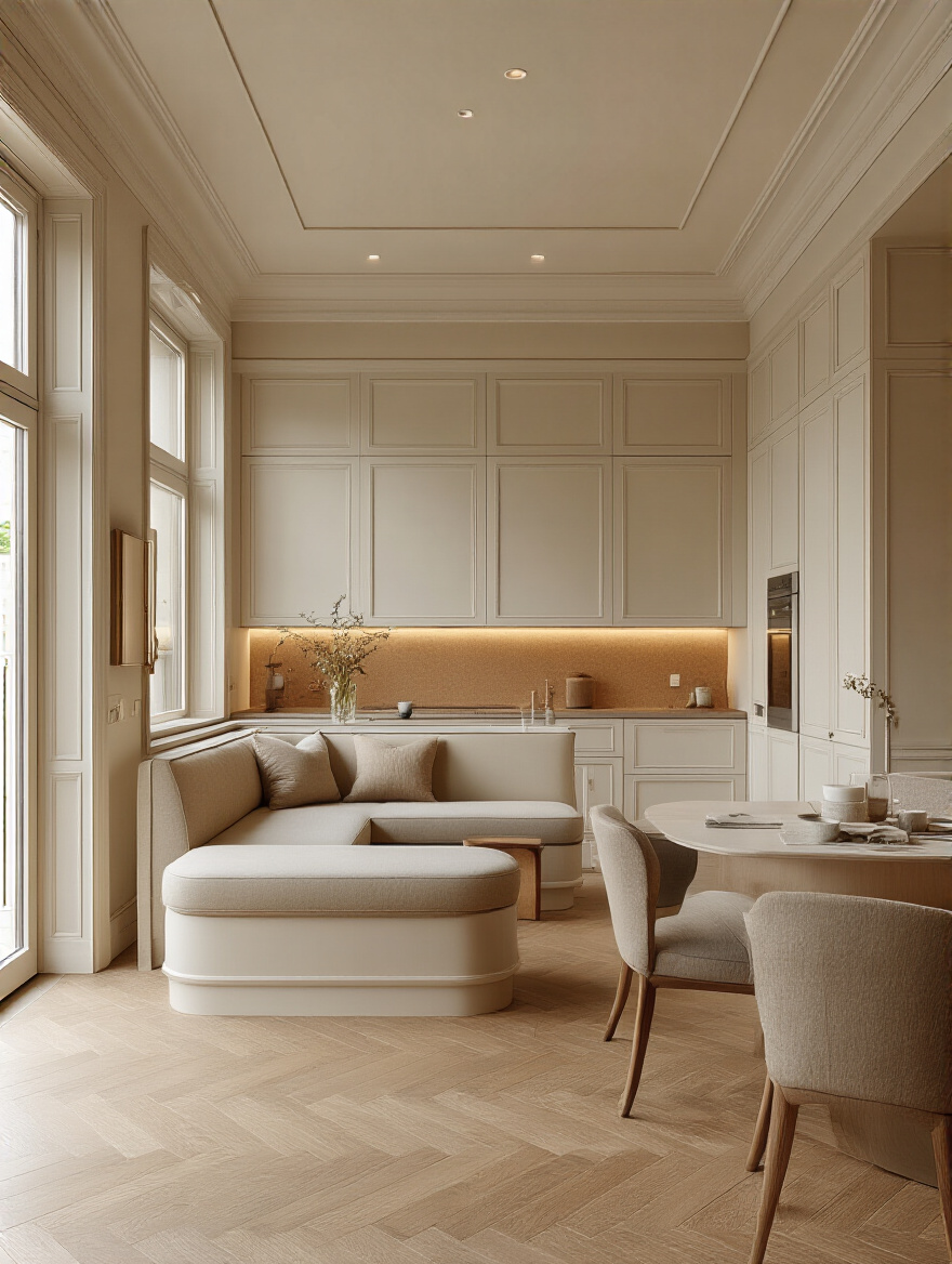 Luxurious kitchen interior with acoustic panels and warm lighting