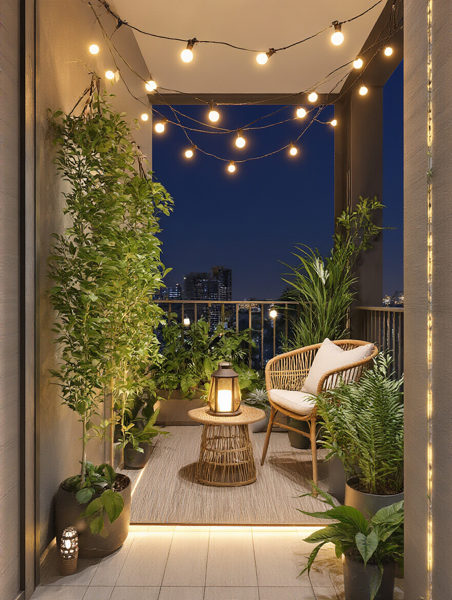 Portrait image prompt: A vertical, high quality photograph of a compact urban balcony at night without people. The full scene includes a railing with warm string lights draped overhead, potted greenery along the railing and floor, a small seating area with a woven chair and a low table topped by a lantern, and subtle lanterns or LEDs tucked into planter edges. Lighting is layered: warm ambient light from the string lights (roughly 2200 to 3000 kelvin), gentle accent lighting highlighting leaf textures from below, and a subtle floor glow. The shot uses a slightly elevated eye level angle, with a wide angle lens equivalent about 24 to 35 mm, aperture around f 4, and a low ISO for clean image quality. Color grading emphasizes warm tones with soft shadows and a gentle background bokeh from distant lights. No text, no people, and no objects that imply time or measurement. The composition conveys a cozy nighttime retreat with clear plant detail and layered lighting.