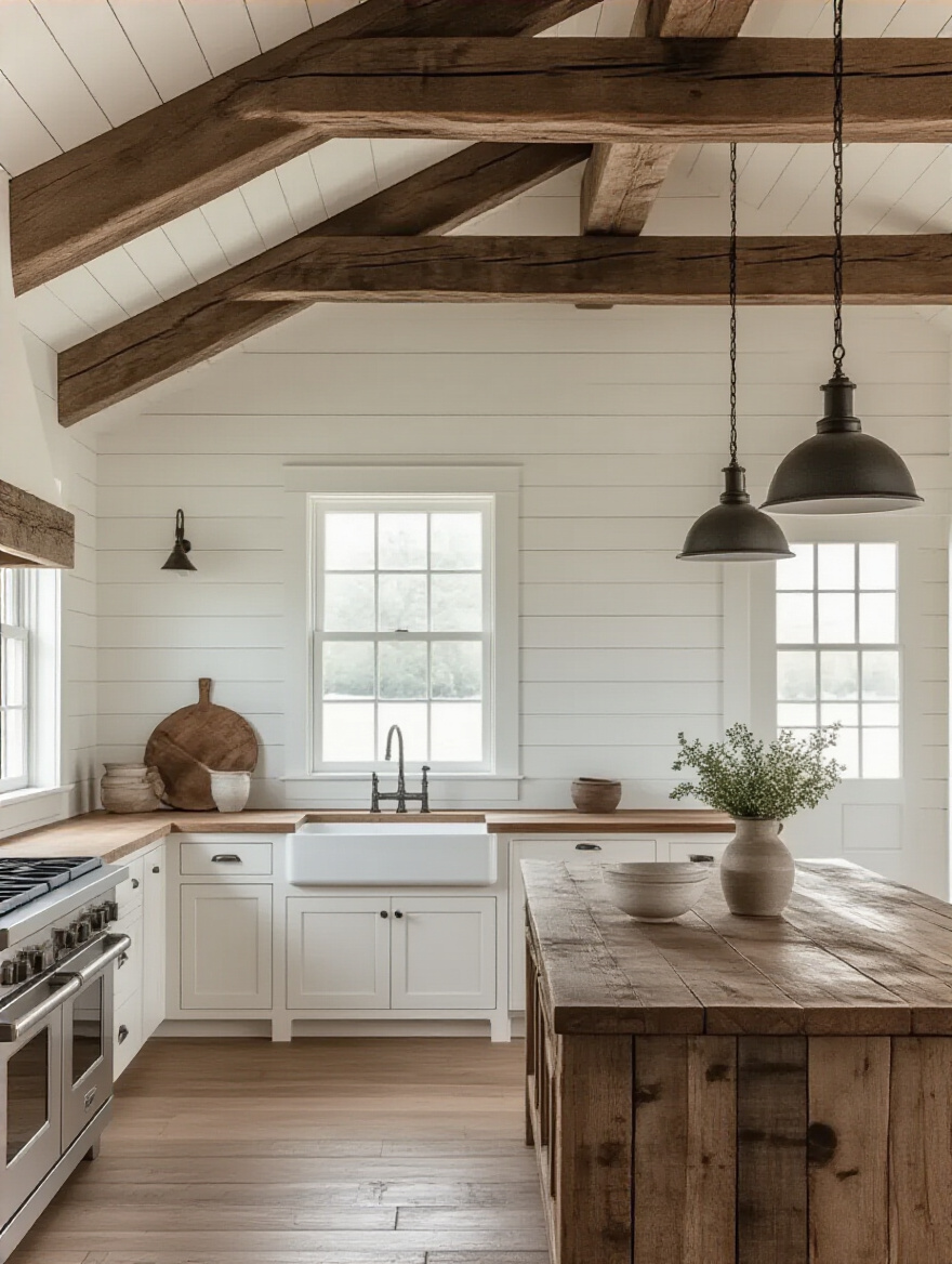 A farmhouse kitchen featuring crisp white shiplap walls and prominent dark wood exposed ceiling beams, creating a warm and inviting atmosphere. Rustic pendant lights hang over a simple wooden island.