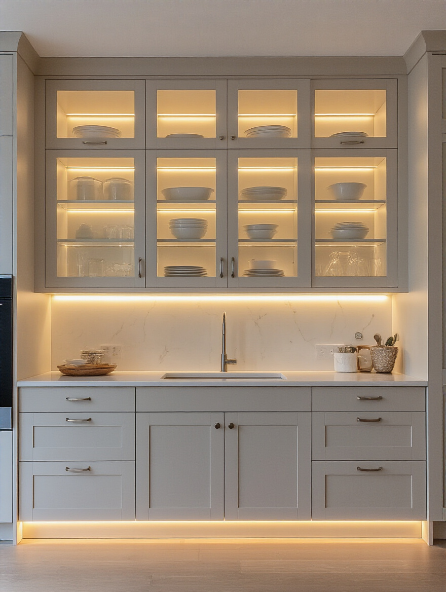 Warm cabinet interior lighting and toe-kick glow in a modern kitchen