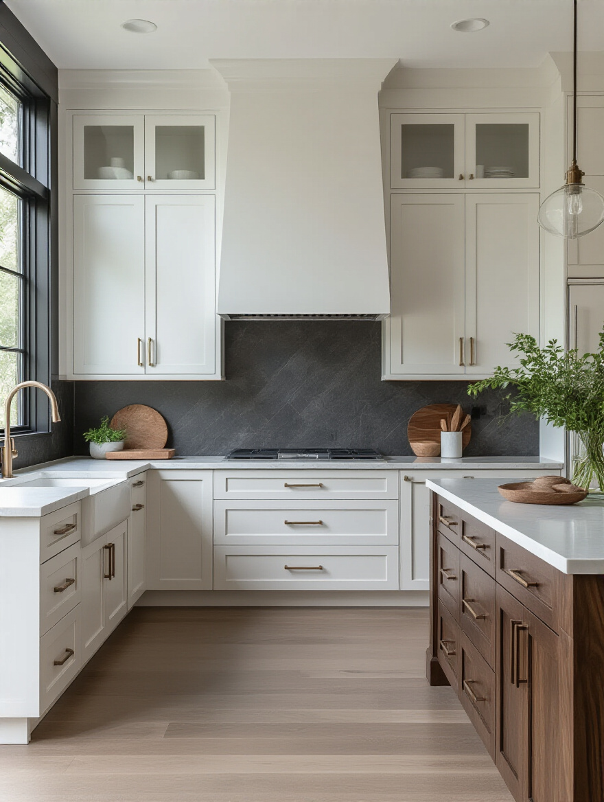 Portrait view of a modern kitchen with contrasting cabinet finishes