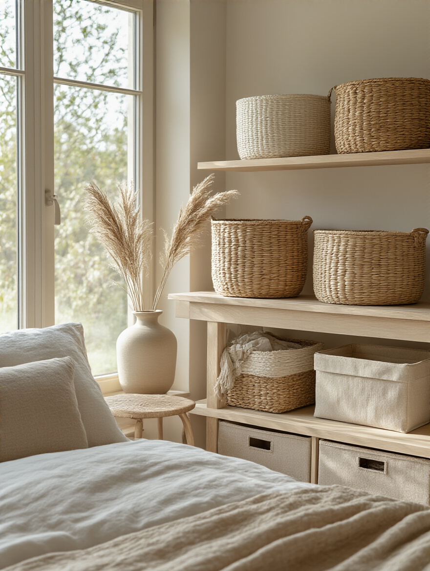 Bedroom scene with decorative baskets and boxes on dresser and shelves