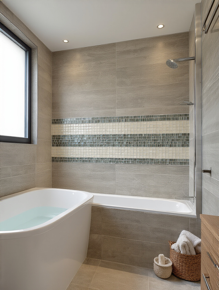 Decorative border edging detail on a bathroom wall and shower