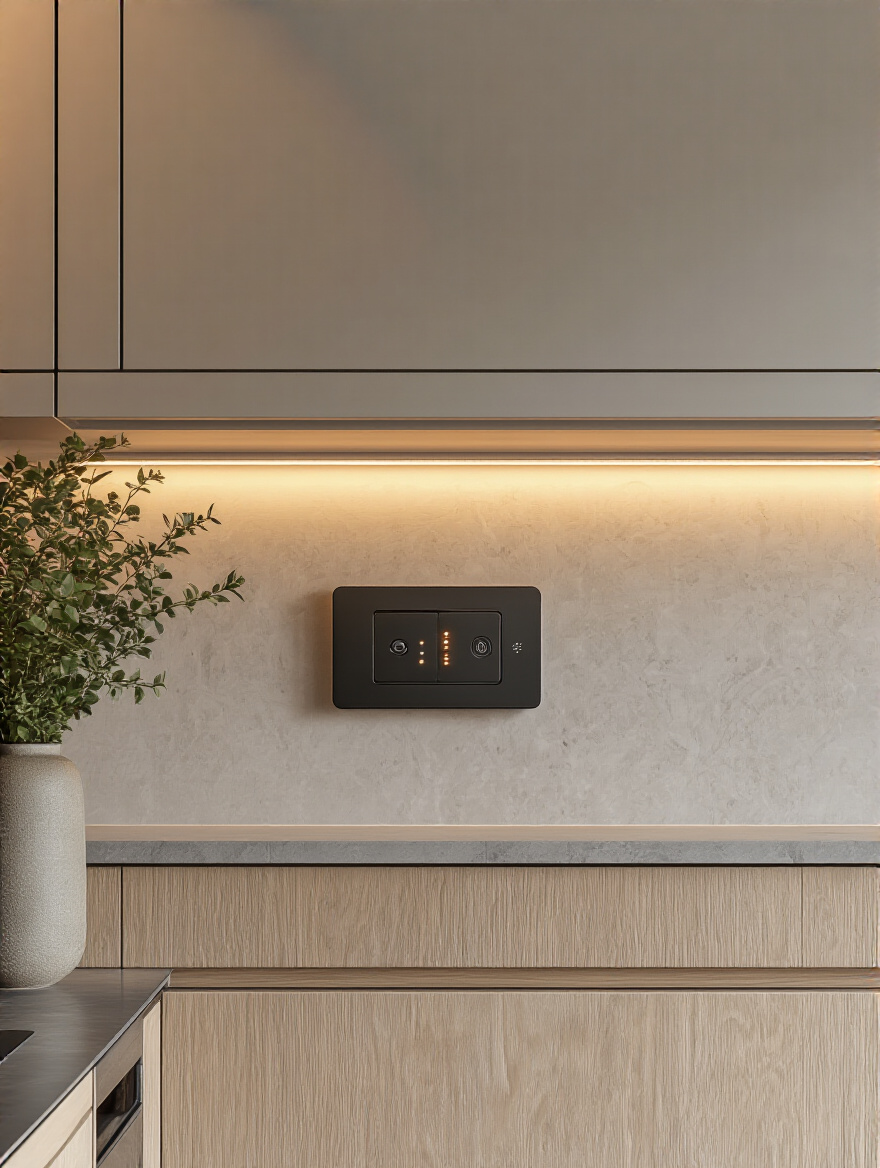 Wall-mounted dimmer switch and smart control panel in a modern kitchen