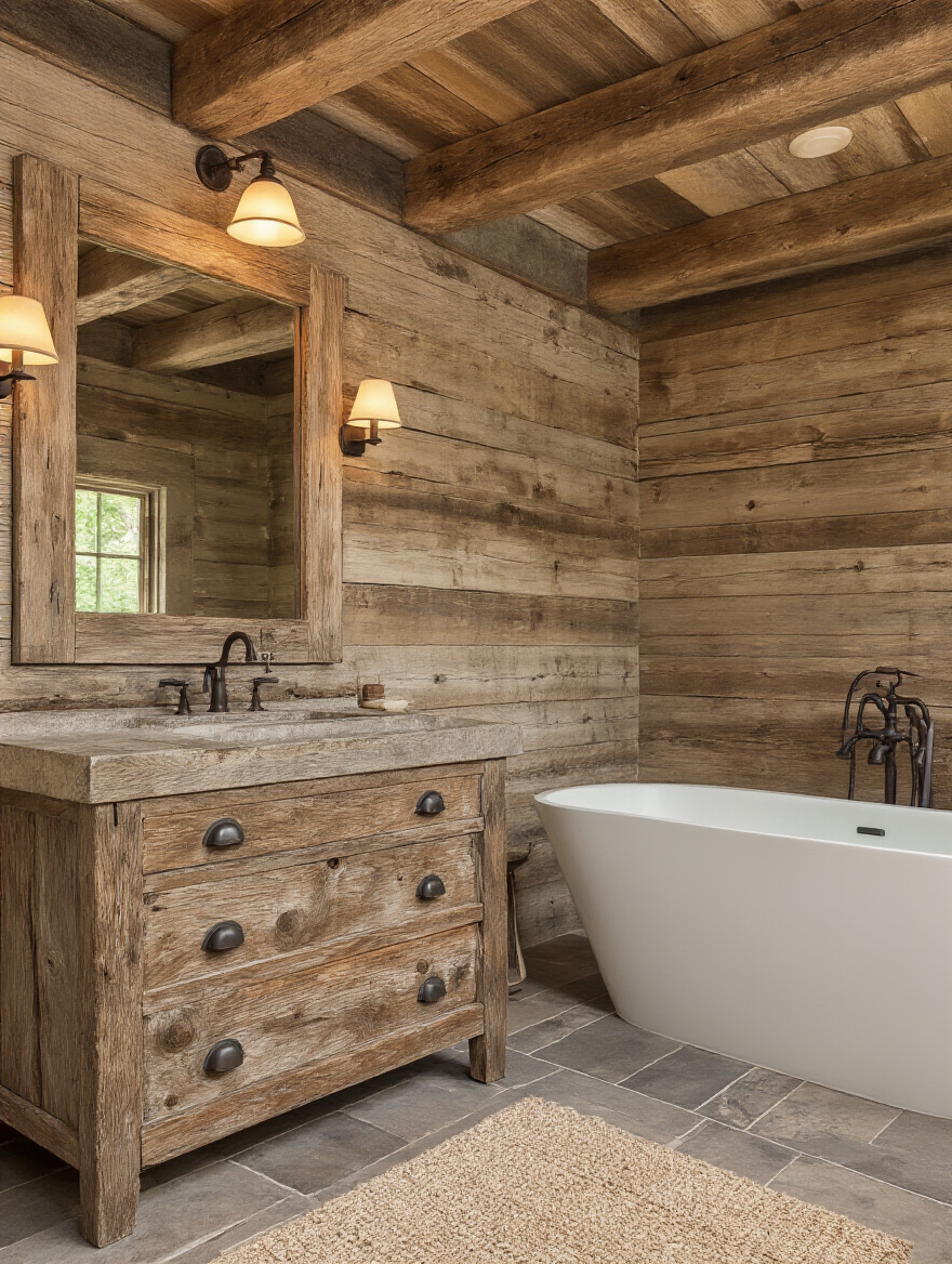 Rustic bathroom portrait with distressed wood finishes on vanity and beams