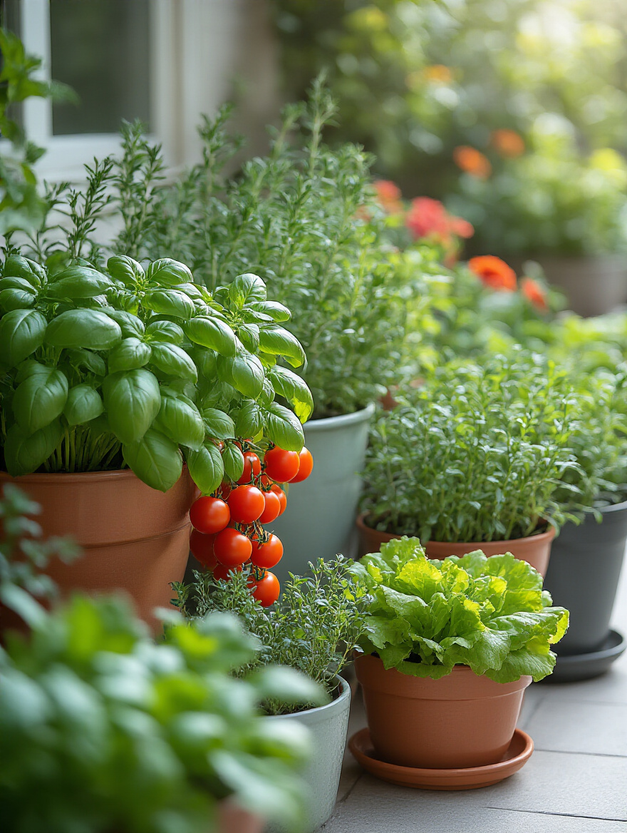 A beautiful Edible Patio Garden showcasing potted basil, rosemary, cherry tomatoes, and lettuce thriving on a sunlit patio, ready for culinary use.