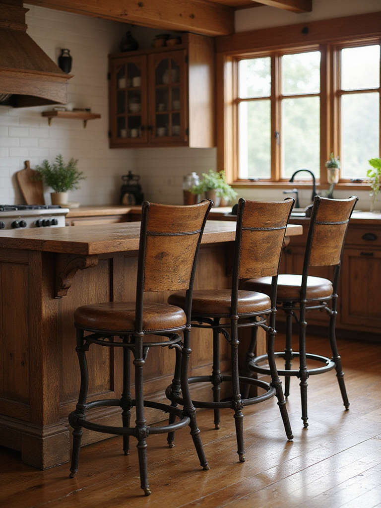 Rustic kitchen island with integrated functional seating, featuring elegant wooden stools with wrought iron details, bathed in natural light.