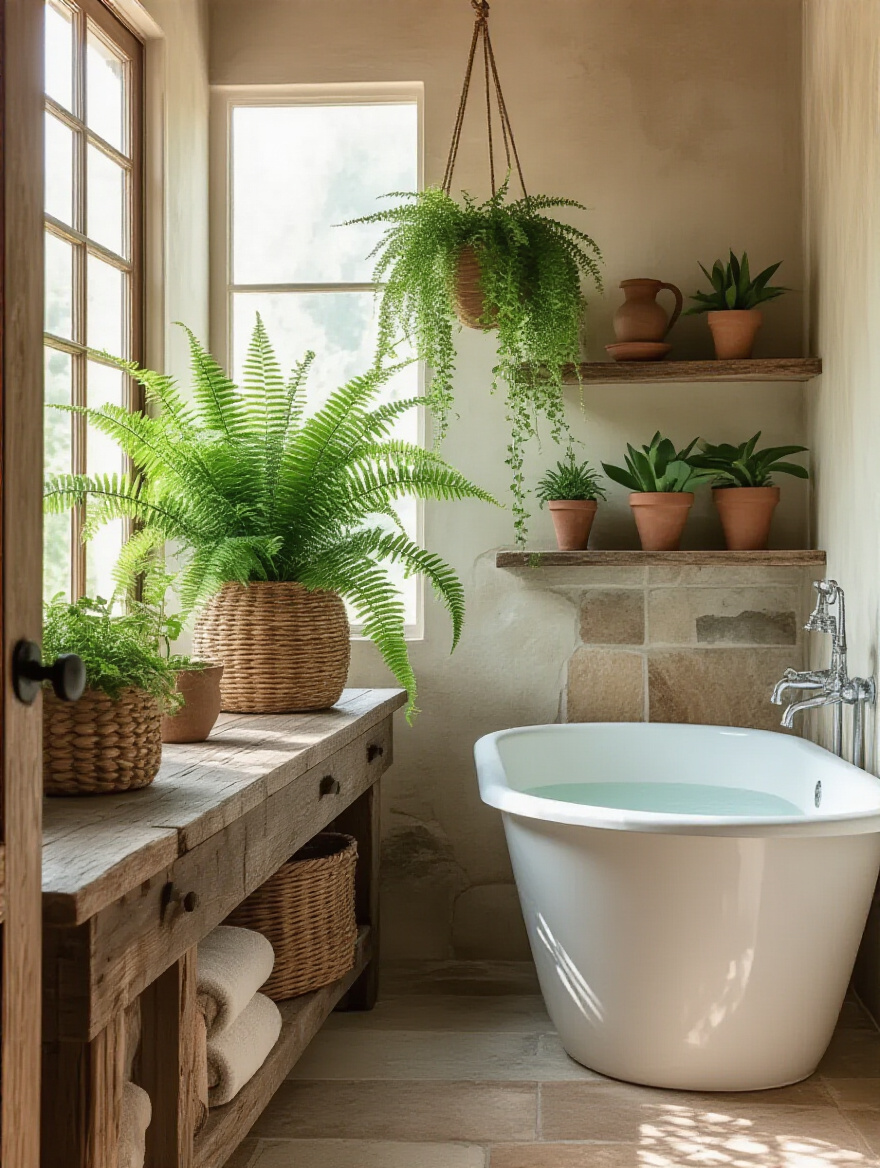 Rustic bathroom corner with greenery in terracotta pots and a hanging planter