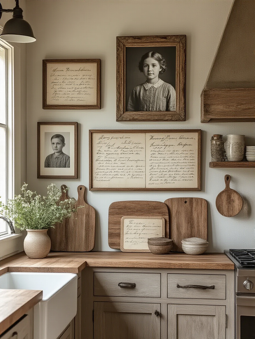 A charming farmhouse kitchen gallery wall showcasing a mix of framed personal family photographs, vintage handwritten recipe art, and antique cutting boards, reflecting individual stories and heritage.