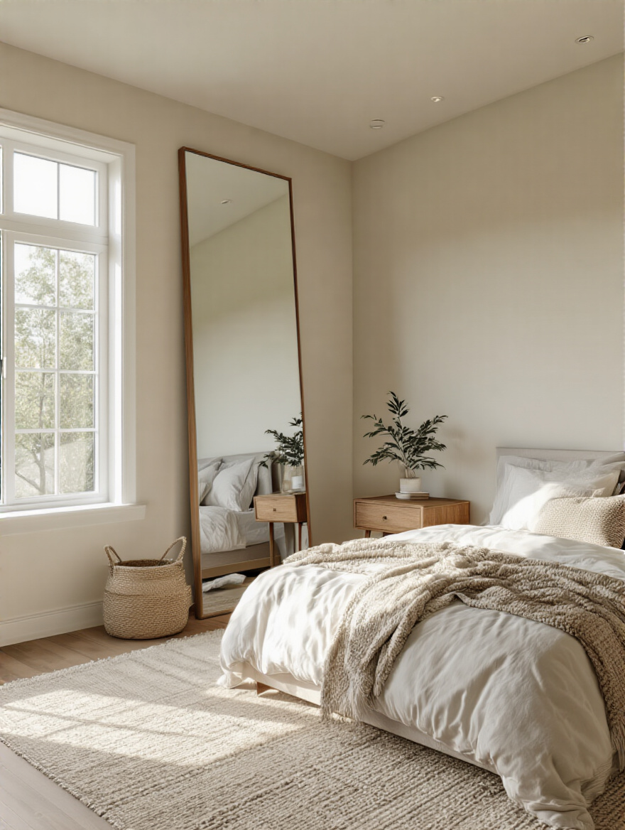 Bedroom with a large mirror reflecting daylight to create a spacious feel