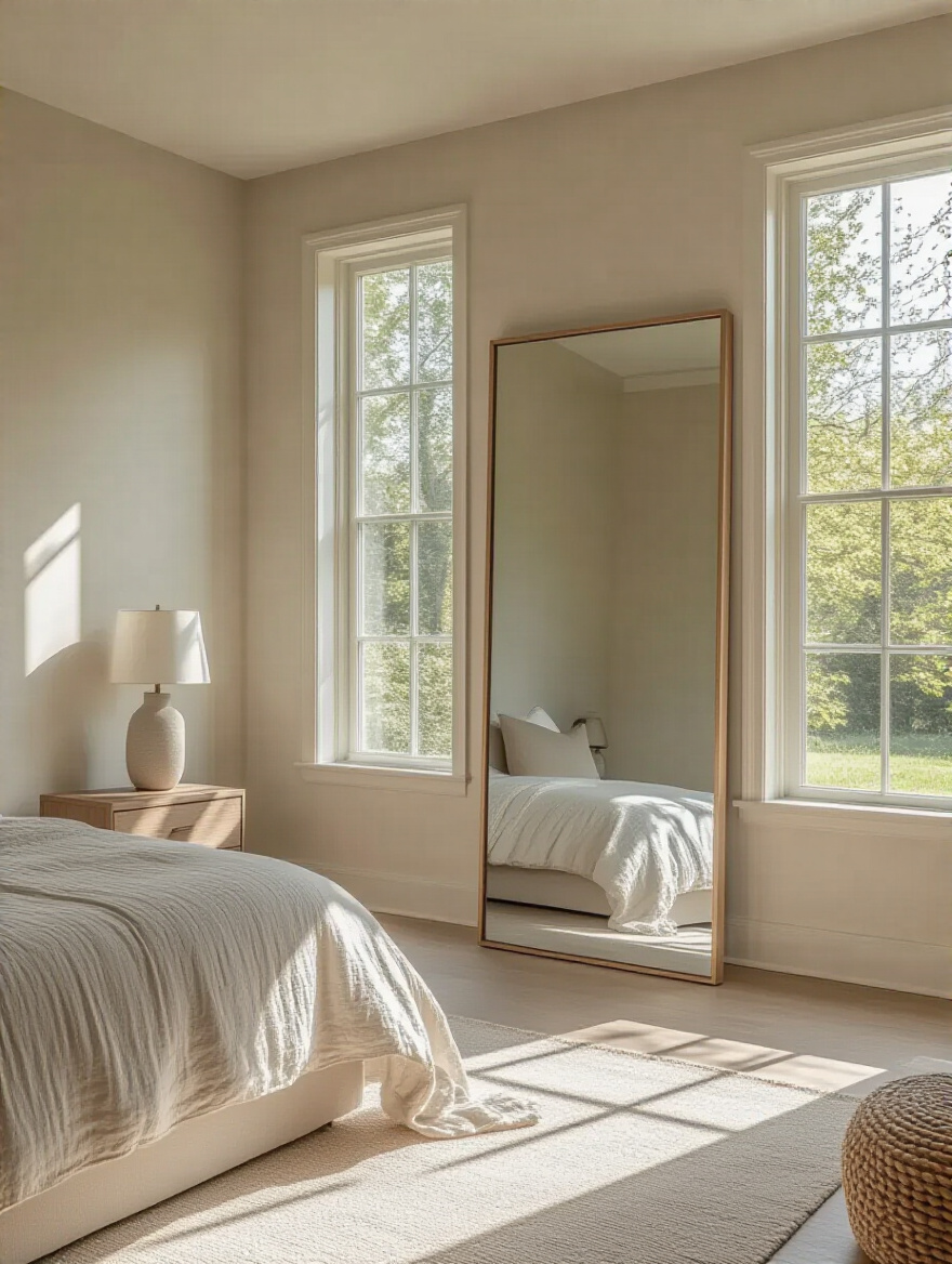 Bedroom with a large floor-length mirror opposite a window, reflecting light and making the room appear more spacious.