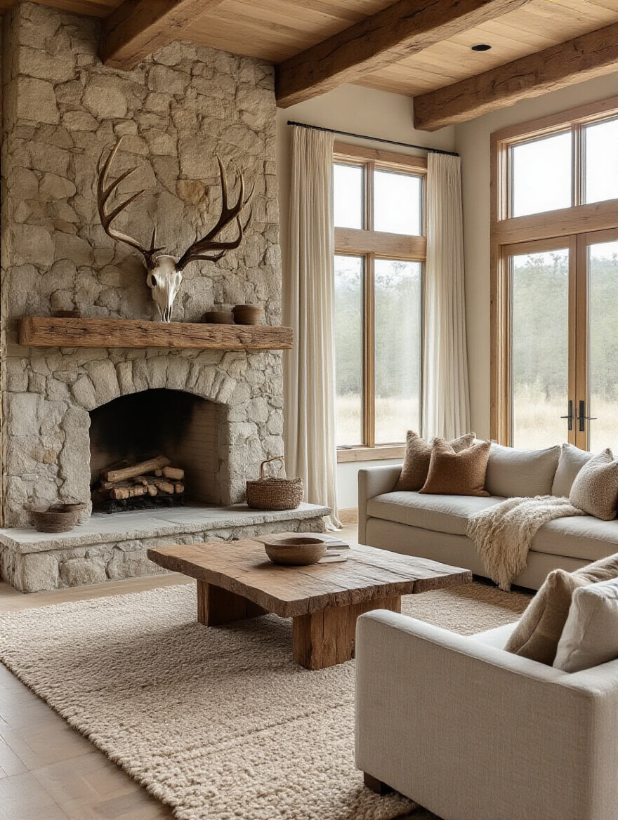 Portrait-style rustic living room with stone fireplace, live-edge mantle, and antlers.