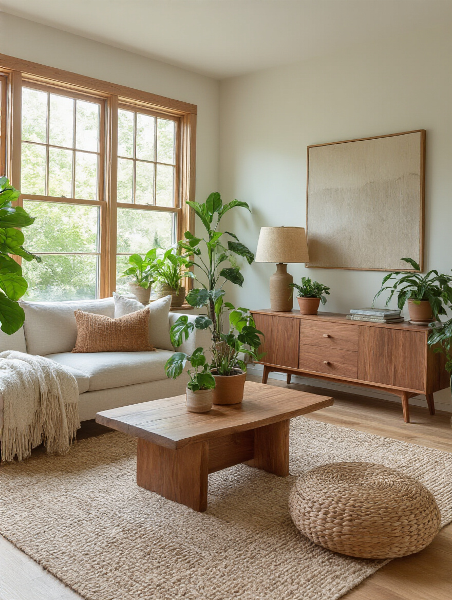 Cozy living room with natural wood accents and indoor plants for organic warmth