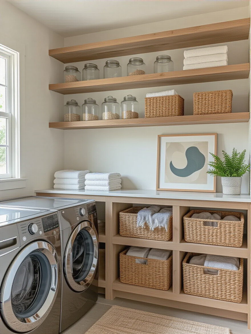 Open shelving above washer and dryer with accessible supplies and decor